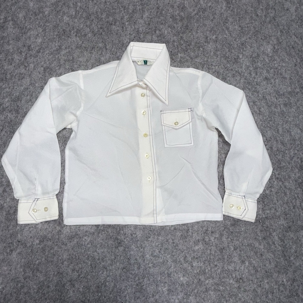 Vintage Grants Polyester Boys Youth Sz 5 White Button Up Long Sleeve 70s Kids